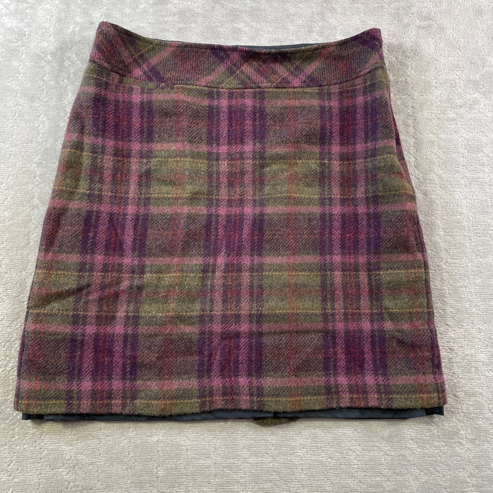 LL Bean Mini Skirt Womes 10 Petite Purple Brown Wool Blend Plaid A Line Holiday